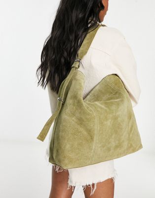 ASOS DESIGN suede tote bag with buckle in khaki green