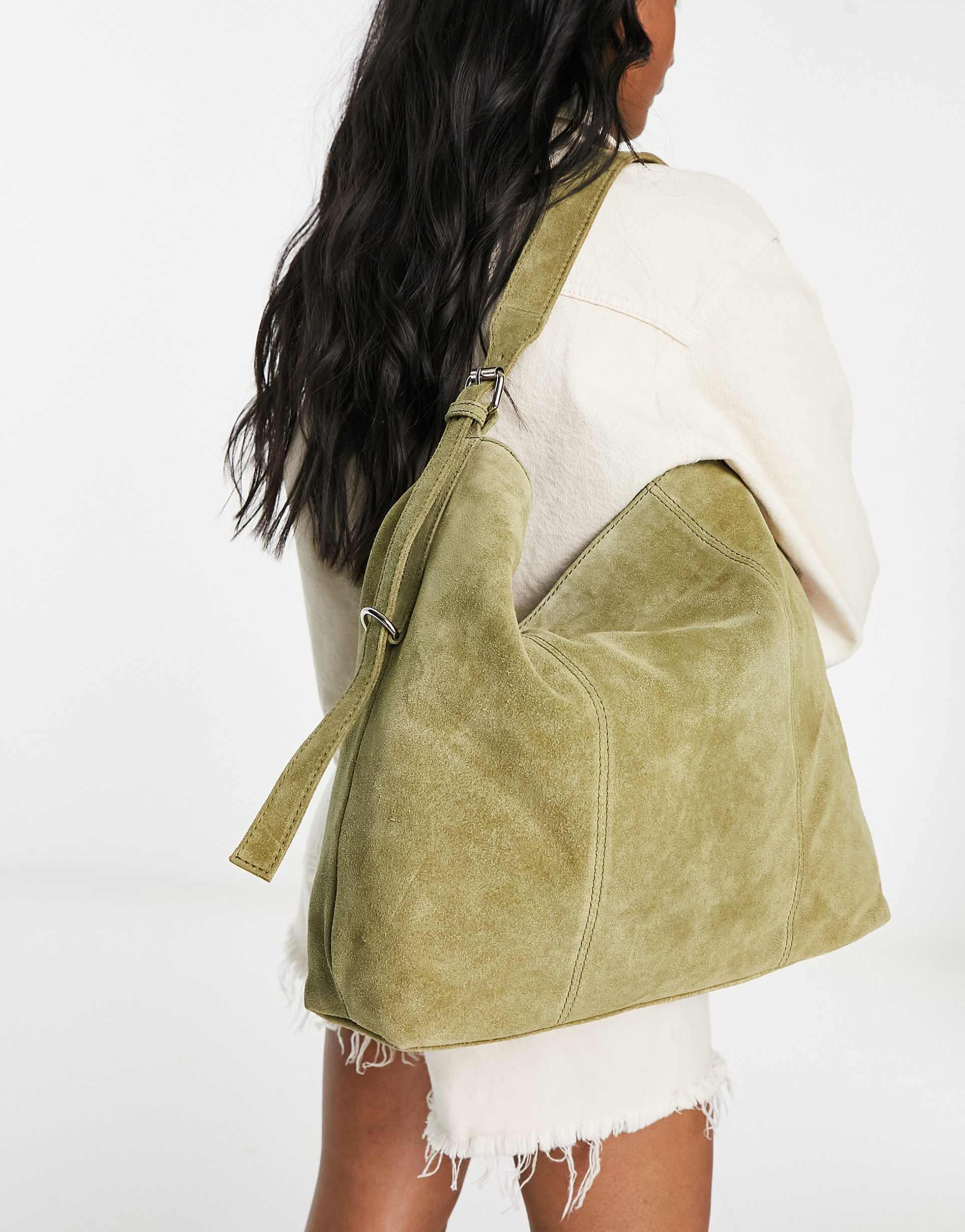 asos design suede tote bag with buckle in khaki green