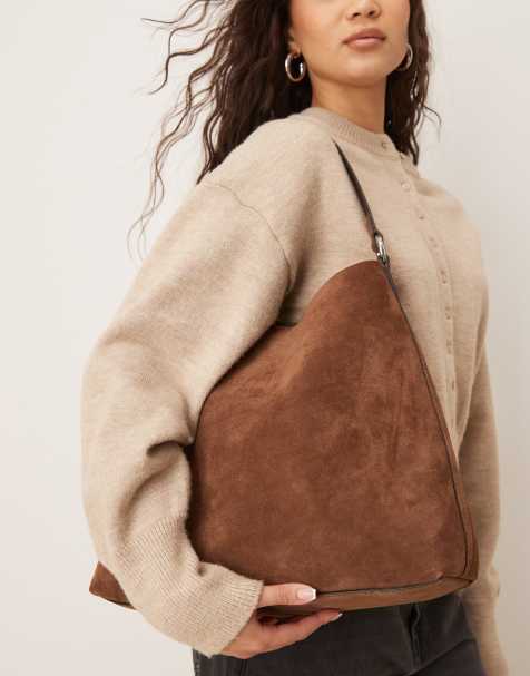 ASOS DESIGN suede tote bag with hardware strap detail in chocolate - view 1