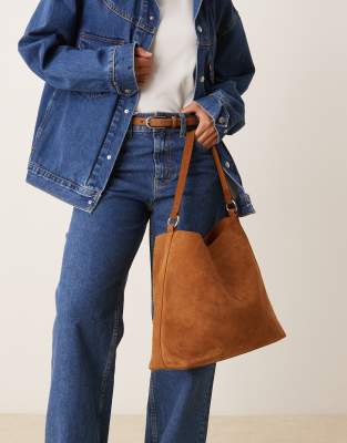 Asos Design Suede Tote Bag With Hardware Strap Detail In Brown