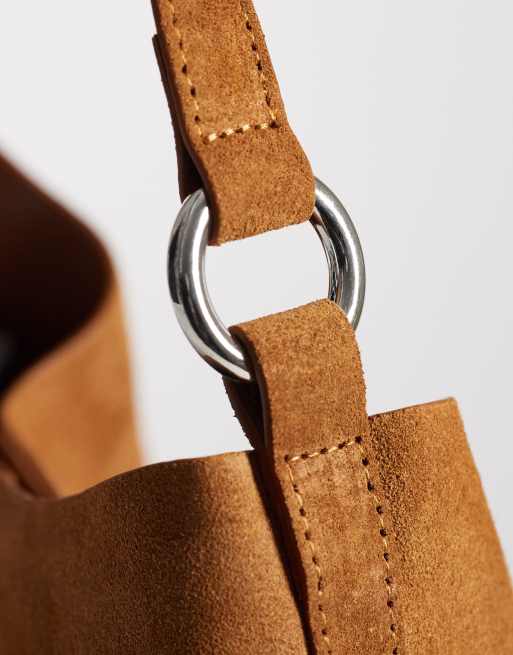ASOS DESIGN suede tote bag with hardware strap detail in conker brown, 3 of 4