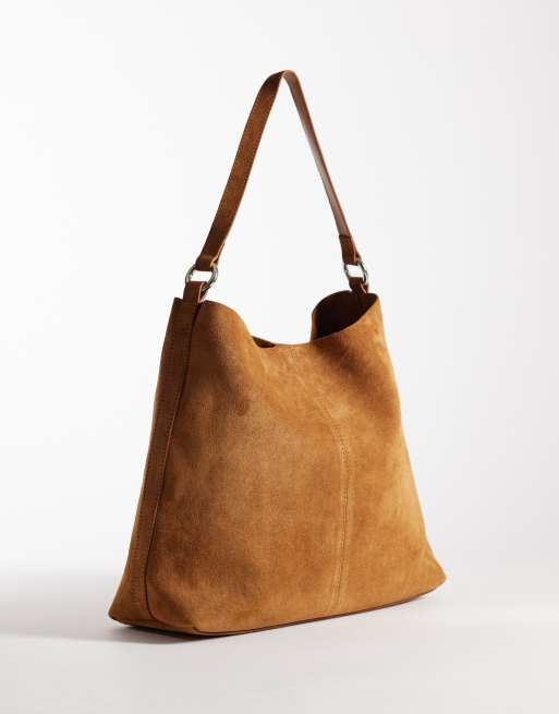 ASOS DESIGN suede tote bag with hardware strap detail in conker brown, 4 of 4