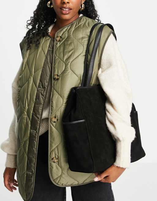 ASOS DESIGN suede tote bag with leather trim detail in black, 2 of 4