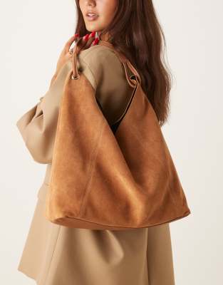 Asos Design Suede Tote Bag With Loop Detail Handle In Brown