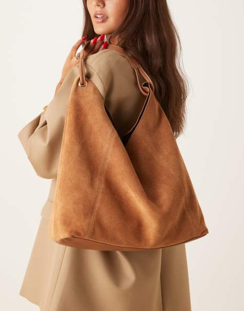 ASOS DESIGN suede tote bag with loop detail handle in tan - view 1