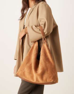 Asos Design Suede Tote Bag With Loop Detail Handle In Brown