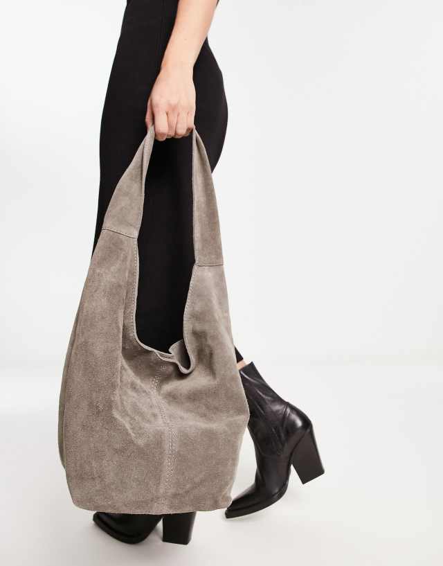 ASOS DESIGN suede tote bag with tie detail in gray