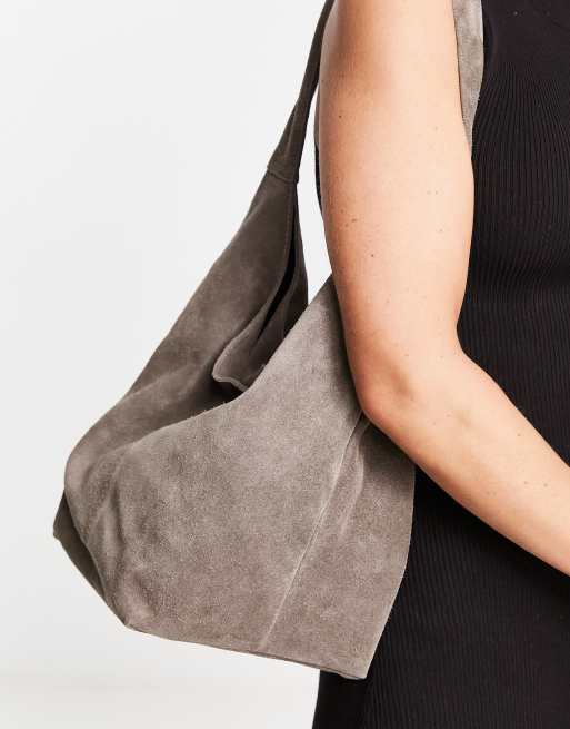 ASOS DESIGN suede tote bag with tie detail in gray