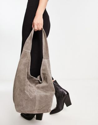 ASOS DESIGN suede tote bag with tie detail in grey