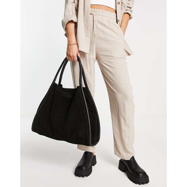 ASOS DESIGN suede tote bag with tie detail in gray