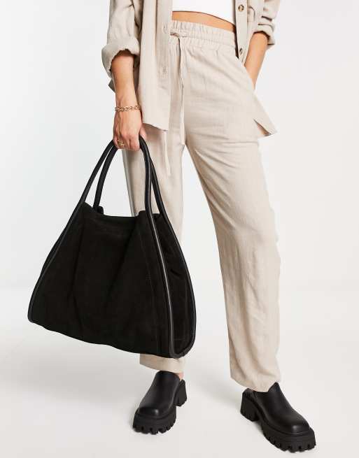 ASOS DESIGN suede tote bag with tie detail in gray