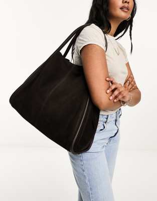 ASOS DESIGN suede tote bag with tubular piping in dark