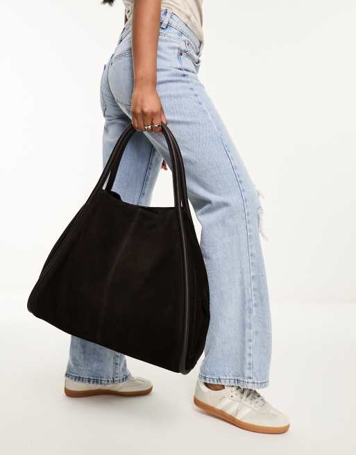 ASOS DESIGN suede tote bag with tie detail in gray