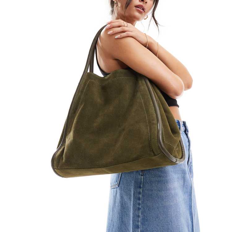 ASOS DESIGN suede tote bag with tubular piping in tan