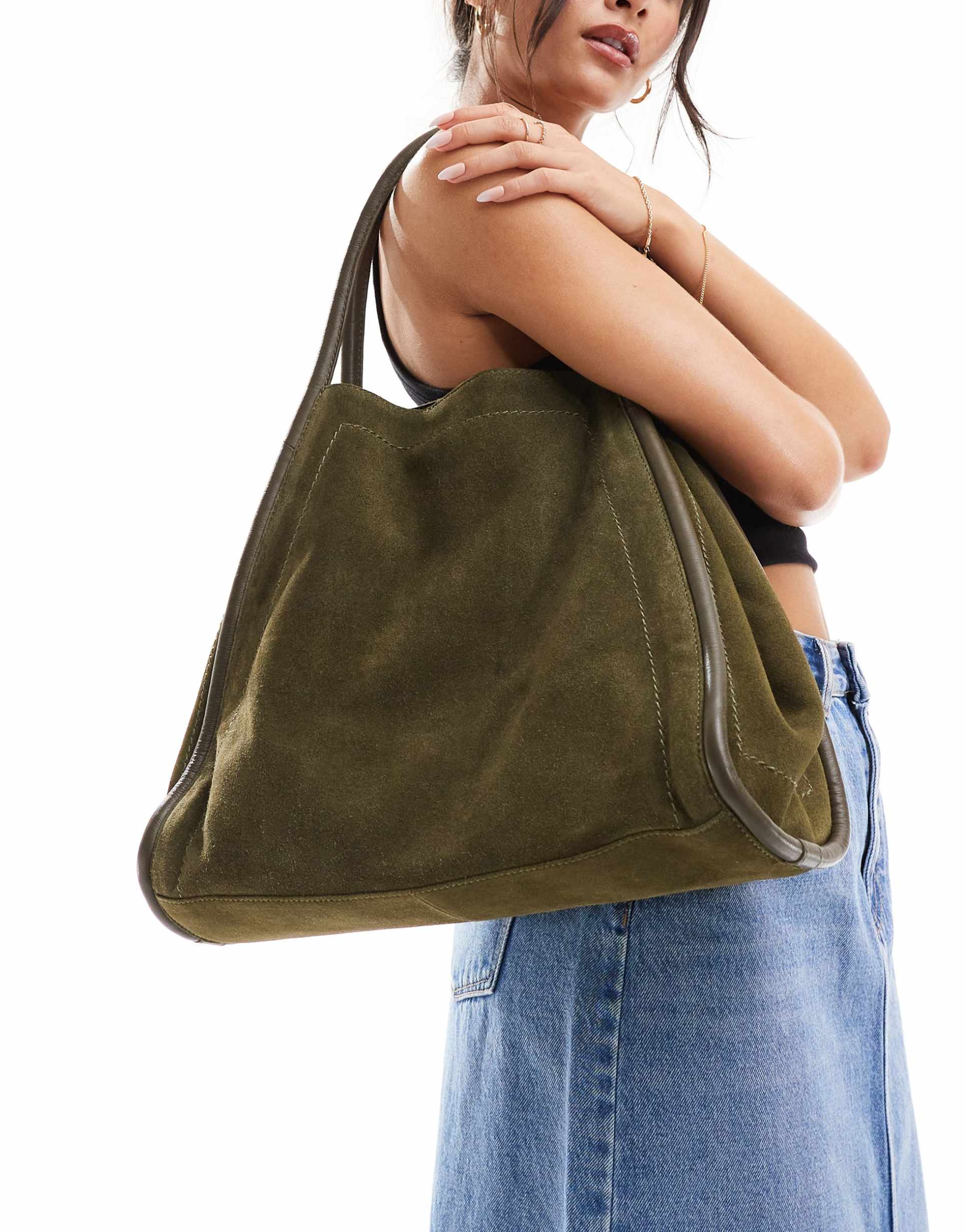 asos design suede tote bag with tubular piping in forest green