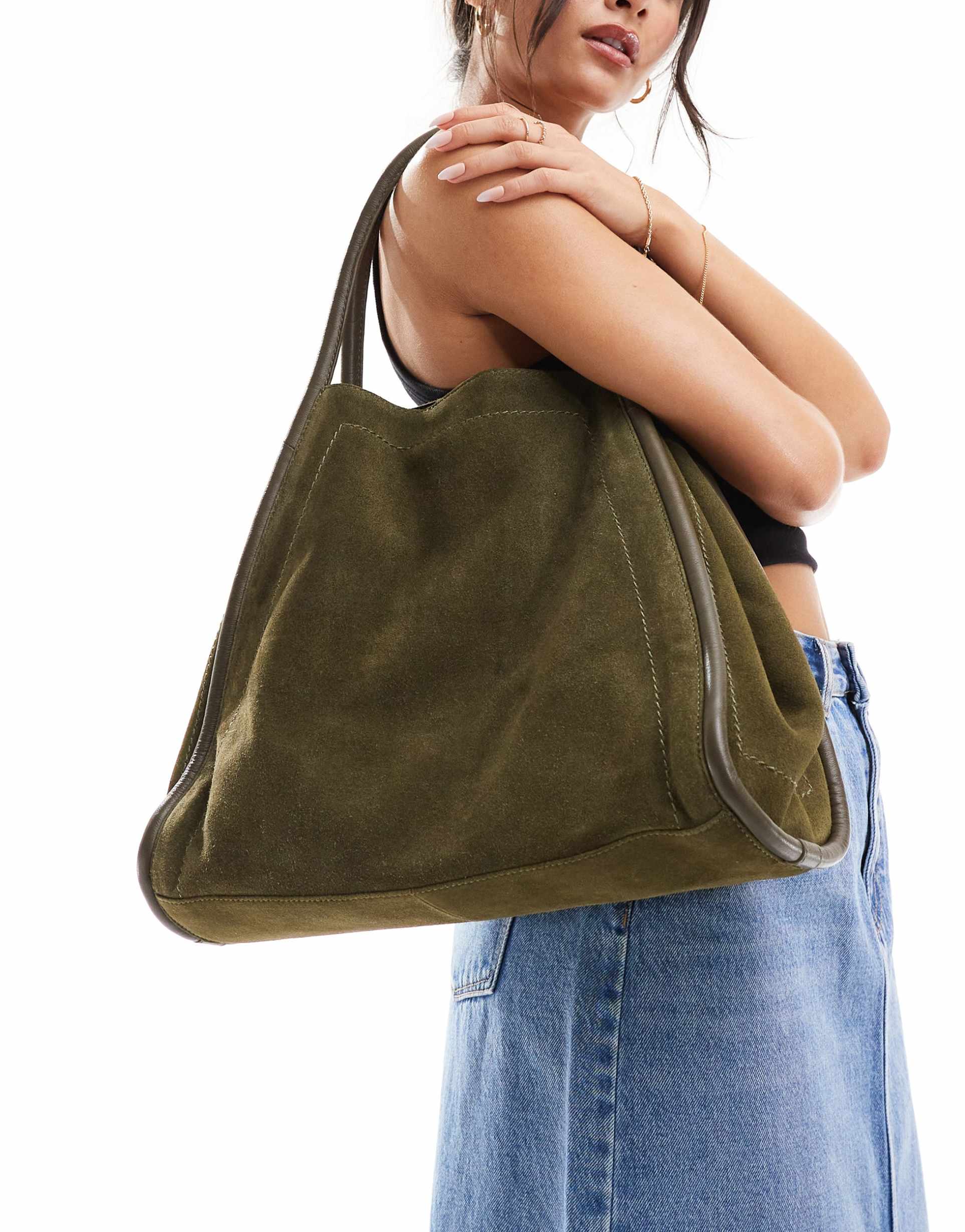 ASOS DESIGN suede tote bag with tubular piping in forest green