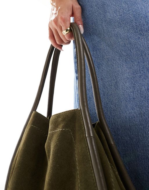 ASOS DESIGN suede tote bag with tubular piping in forest green