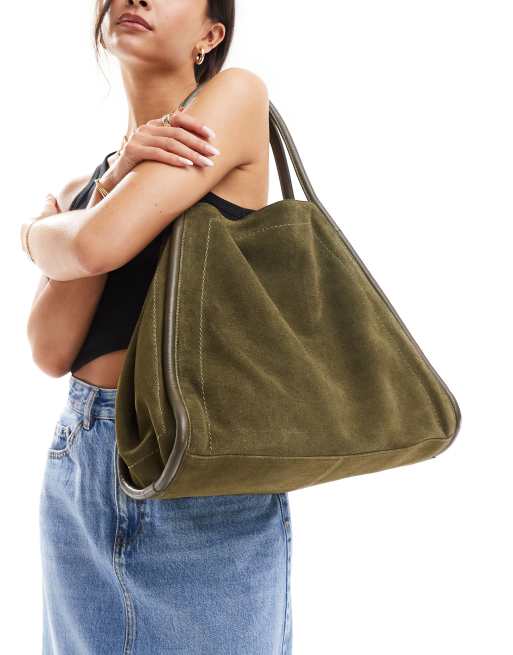 ASOS DESIGN suede tote bag with tubular piping in forest green