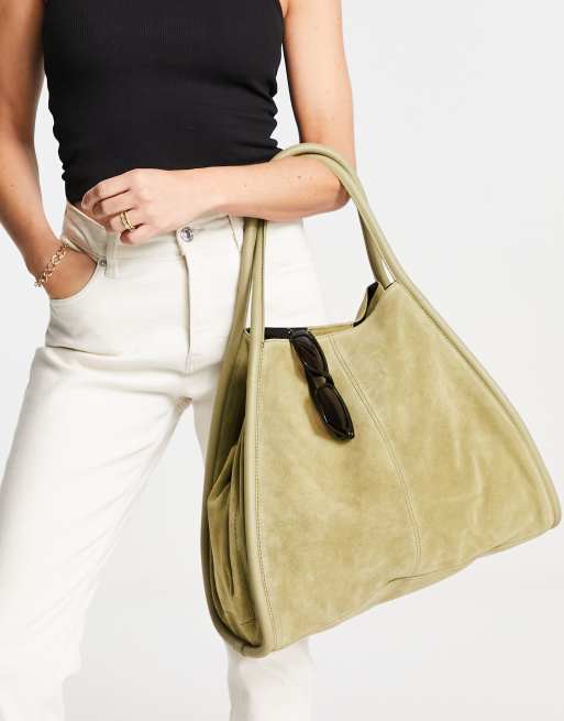 ASOS DESIGN suede tote bag with tubular piping in green