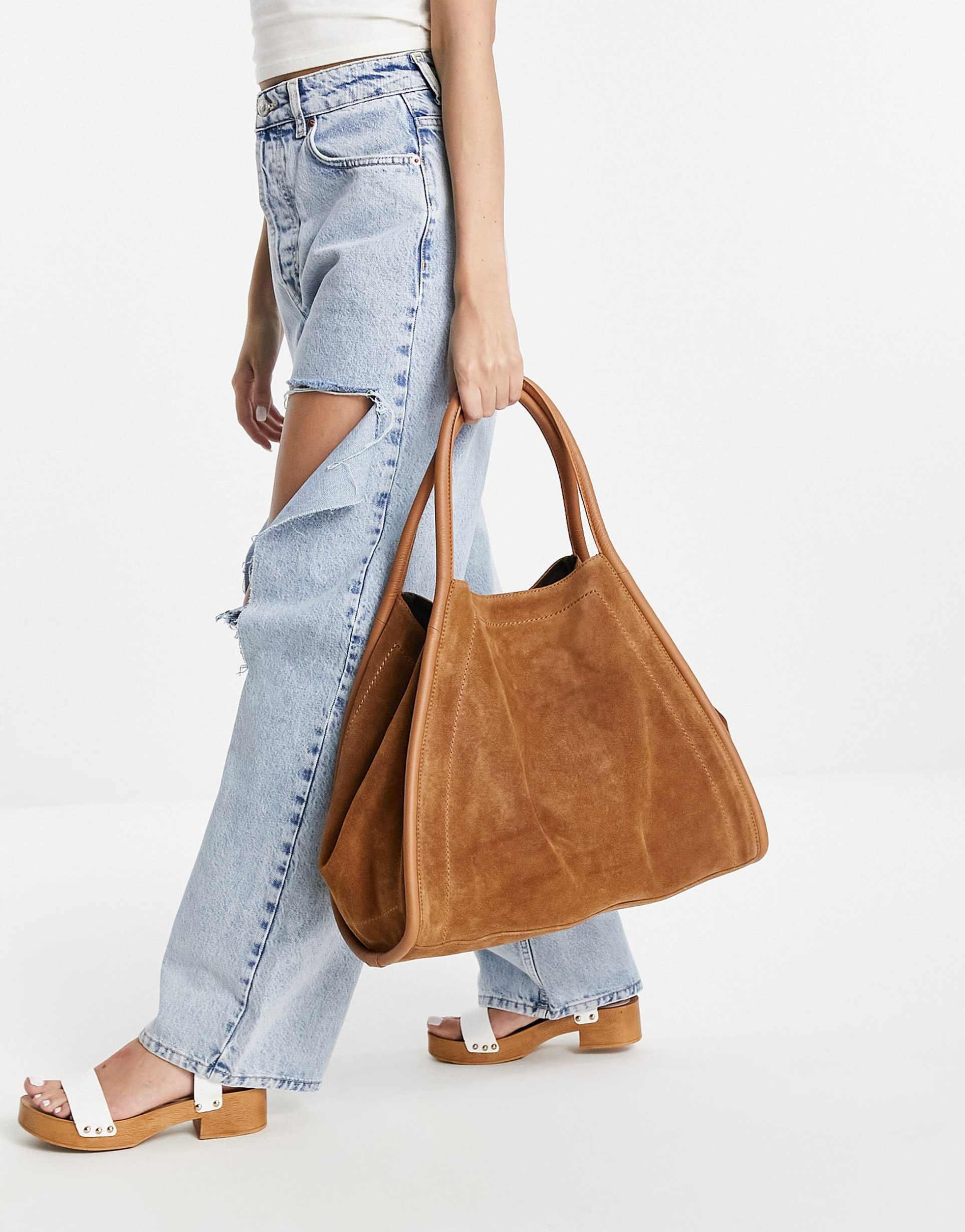 ASOS DESIGN suede tote bag with tubular piping in tan