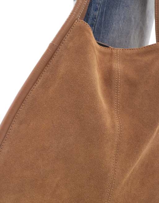 ASOS DESIGN suede tote bag with tubular piping in tan