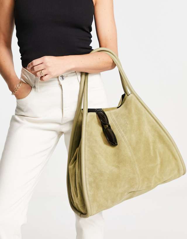 ASOS DESIGN suede tote with tubular piping in green