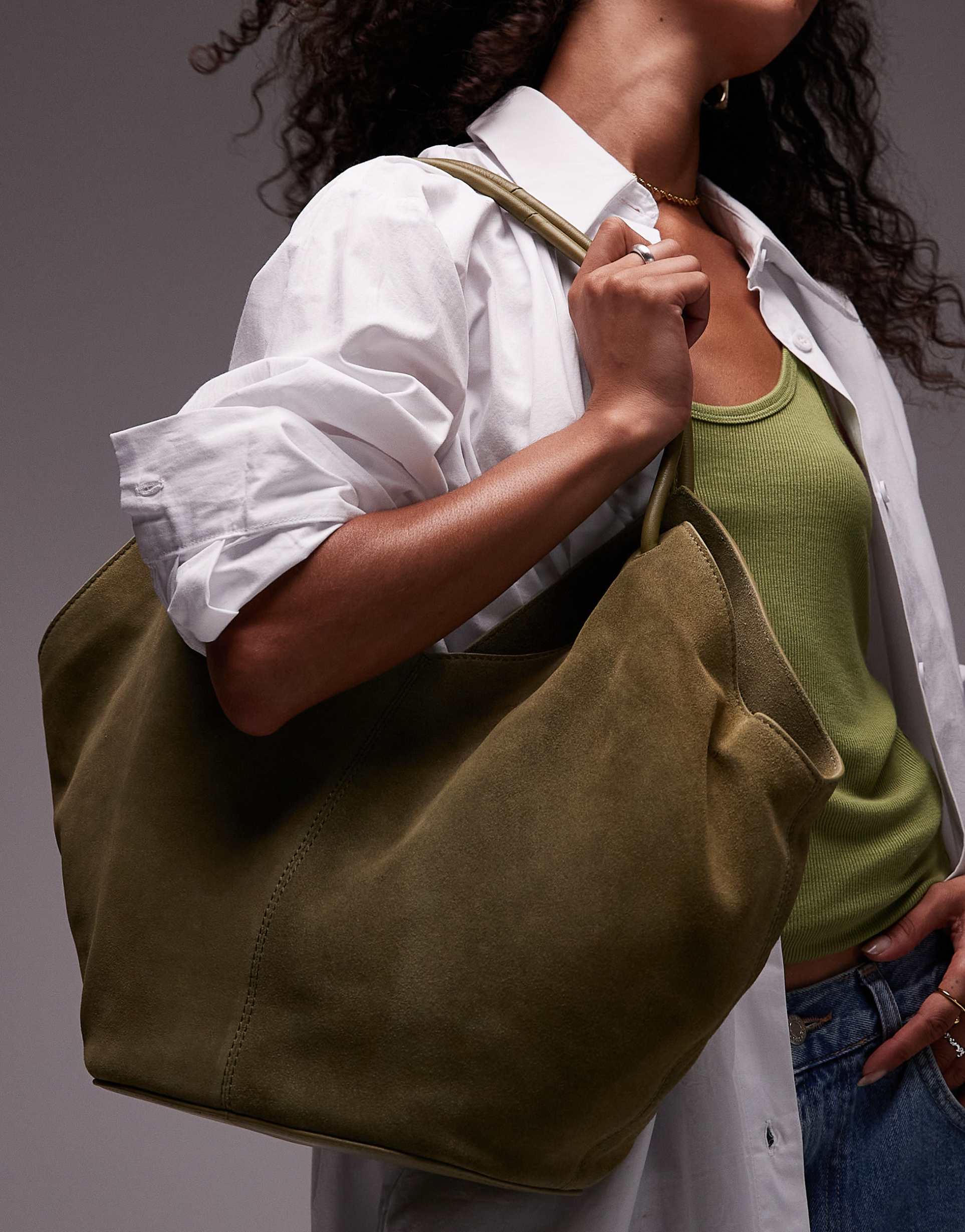 asos design suede tubular handle vase tote bag in olive