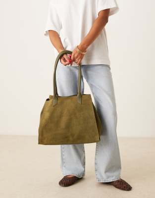 Asos Design Suede Tubular Handle Winged Tote Bag In Green