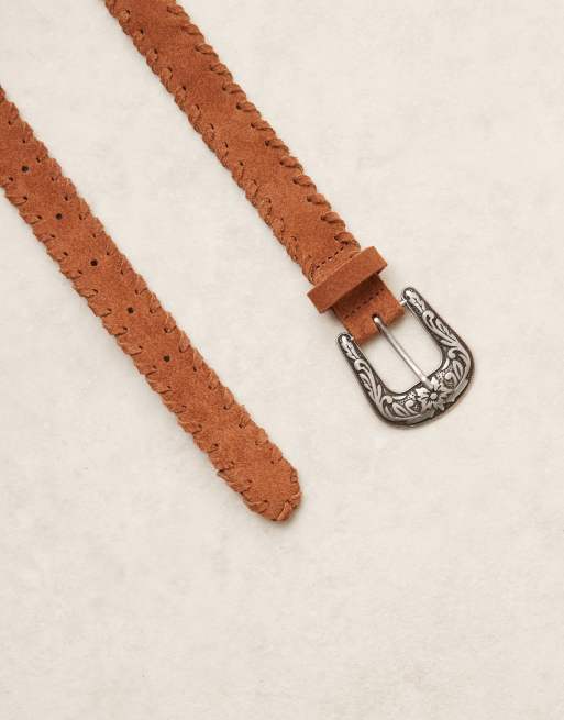 ASOS DESIGN suede waist and hip jeans belt in tan with stitch edge detailing, 2 of 3