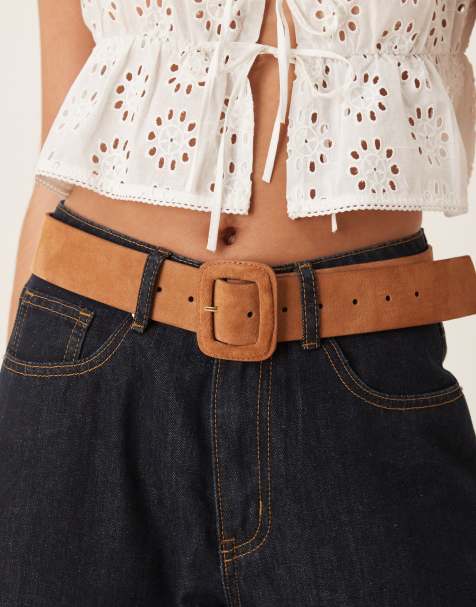 ASOS DESIGN suede waist and hip jeans belt with covered buckle in tan - view 1