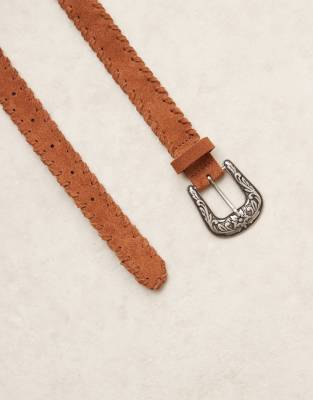 Asos Design Suede Whip Stitch Edge Waist And Hip Jeans Belt In Brown