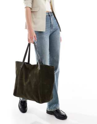 suede winged tote bag in forest green with leather straps