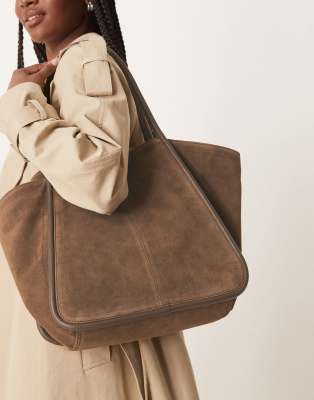 ASOS DESIGN suede winged tubular tote bag in brown