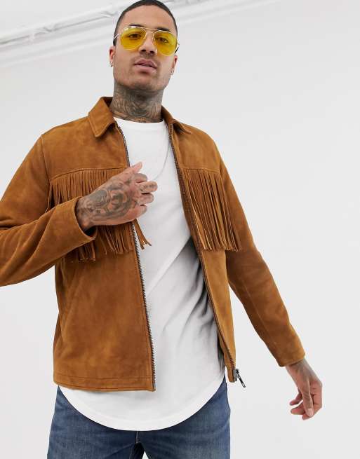 Billy ged at klemme At interagere ASOS DESIGN suede zip through jacket with tassels in tan | ASOS