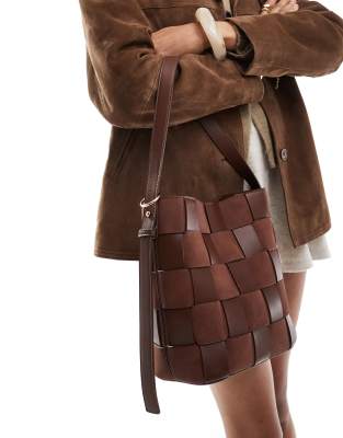 Asos Design Suedette And Faux Leather Weave Bucket Tote Bag In Brown