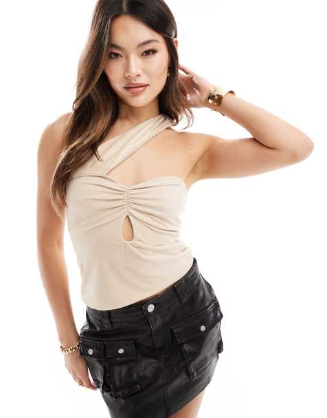ASOS DESIGN suedette asymmetric top in taupe - view 1