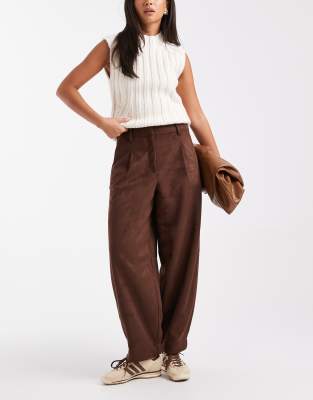 Asos Design Suedette Barrel Leg Pants In Brown