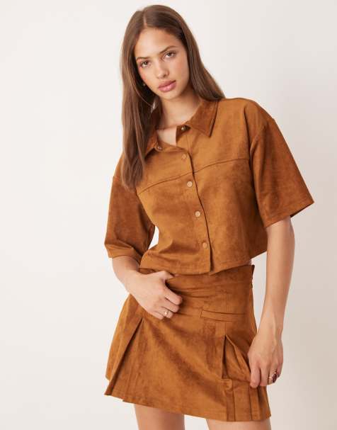 ASOS DESIGN co-ord faux suede boxy short sleeve shirt in brown - BROWN