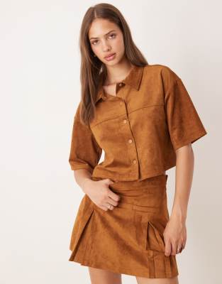 ASOS DESIGN suedette boxy short sleeve shirt in brown - part of a set