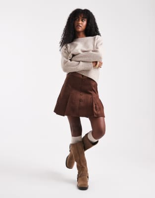 Asos Design Suedette Button Front Skort In Brown