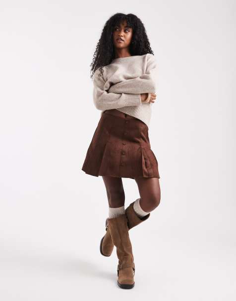 ASOS DESIGN suedette button front skort in BROWN - view 1