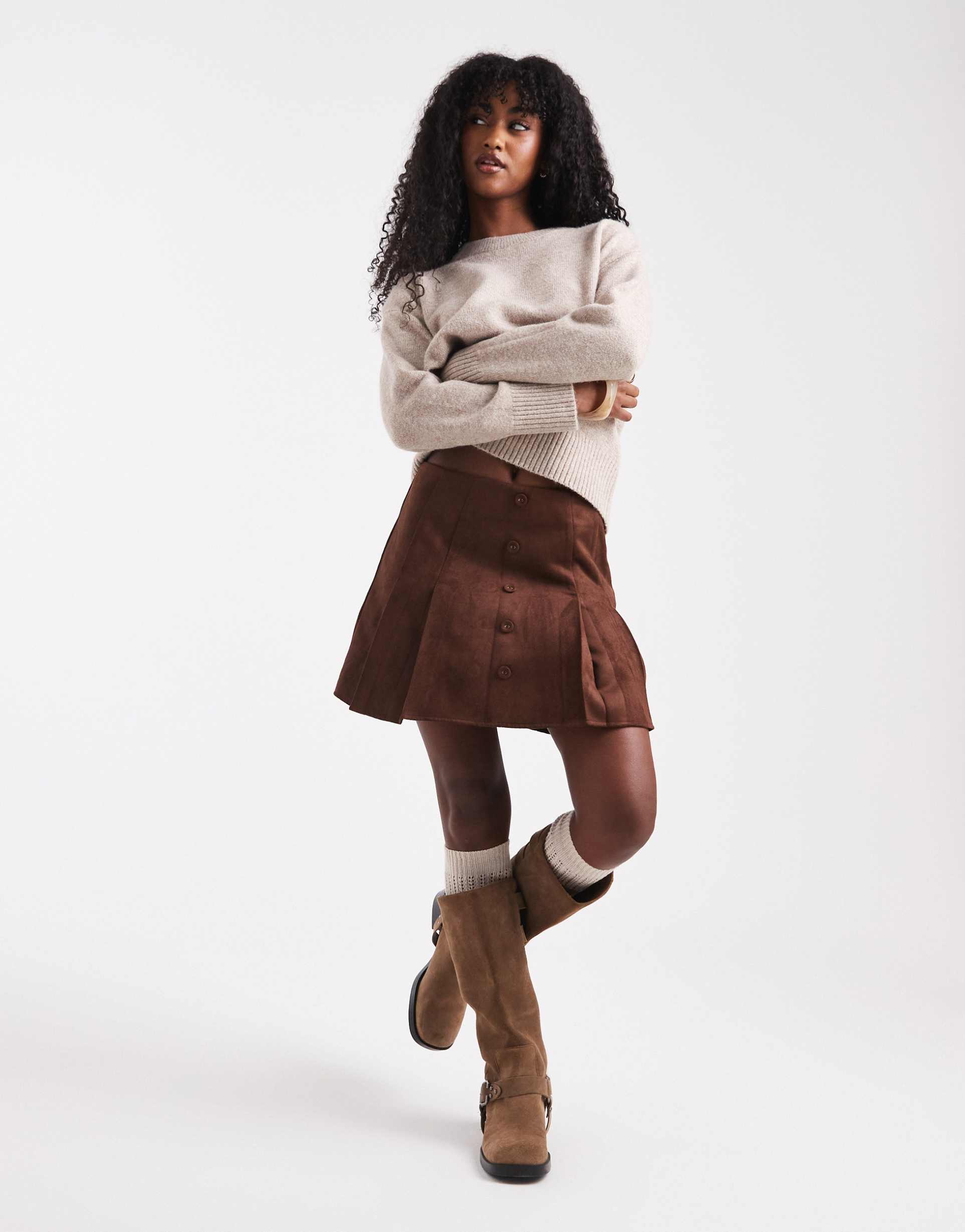 asos design suedette button front skort in brown