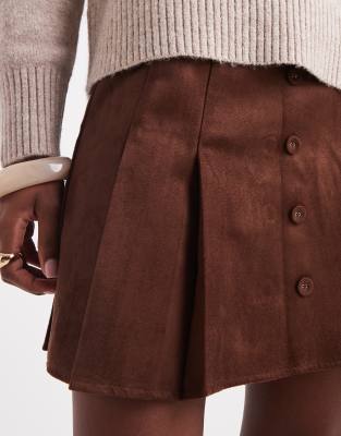 Asos Design Suedette Button Front Skort In Brown