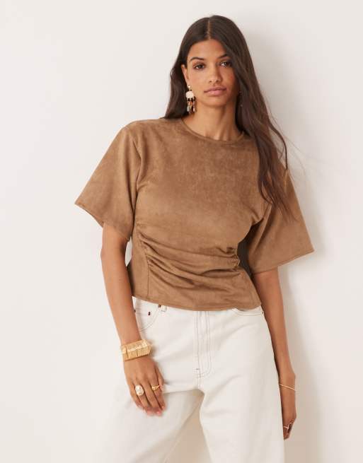 ASOS DESIGN suedette cinch waist top in chocolate