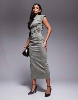 Asos Design Suedette Draped Midi Dress In Gray