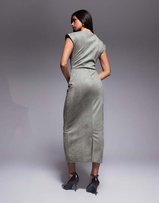 ASOS DESIGN suedette draped midi dress in khaki, 3 of 4