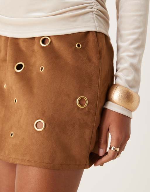 ASOS DESIGN suedette eyelet mini skirt in brown ASOS