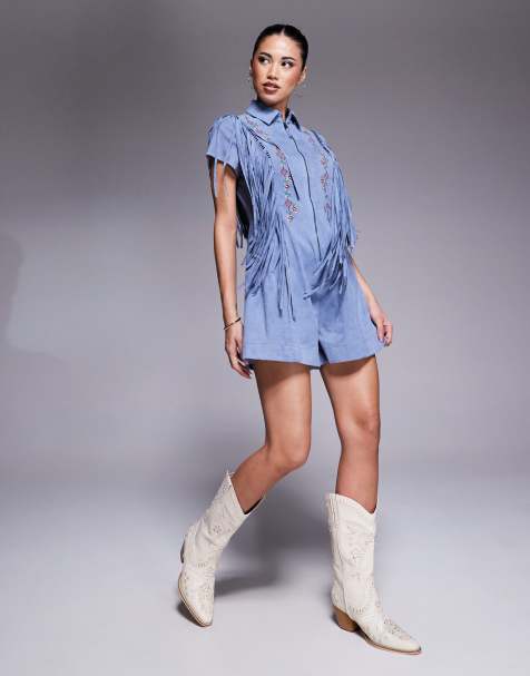 ASOS DESIGN suedette fringe embroidered playsuit in dusky blue - view 1