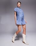 [ASOS DESIGN] ASOS DESIGN suedette fringe embroidered playsuit in dusky blue 10 Dusky Blue