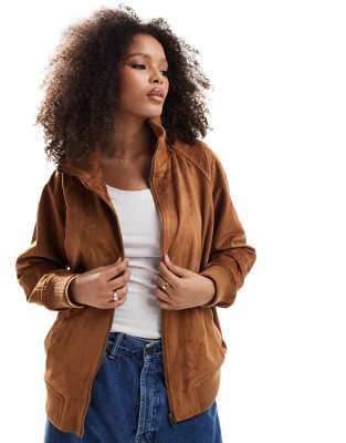 suedette funnel neck bomber jacket in tan-Black